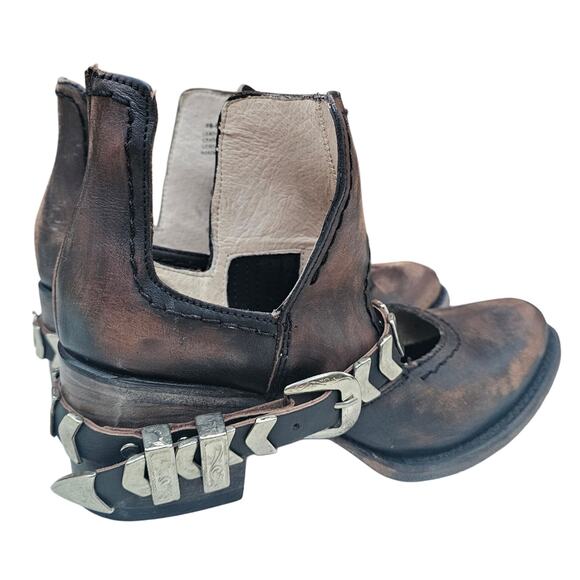 Distressed Ankle Bootie FreeBird Steven Blade Size 8 Black Brown Leather Buckle - Picture 6 of 16